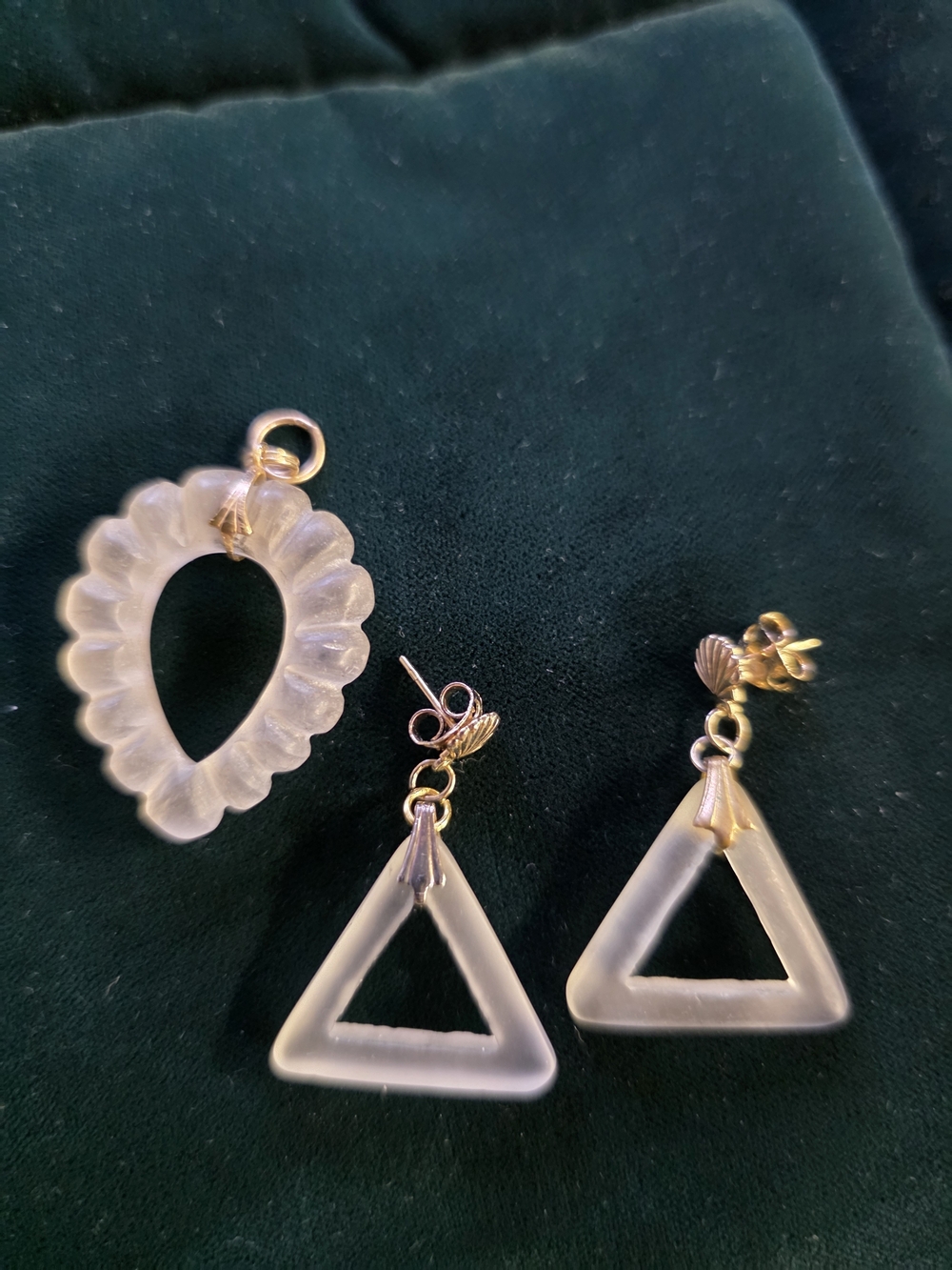 Frosted Glass With Gold Earrings And Pendant.